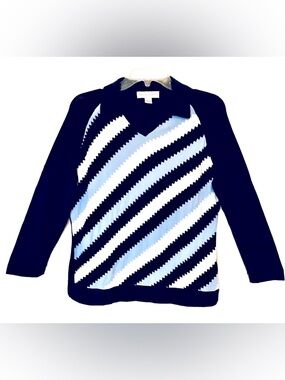 Casual Corner Womens XL Vintage 90’s Diagonal Stripe Collared V Neck Mod Sweater